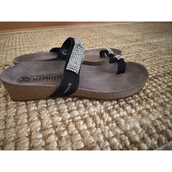 Mephisto Helen Spark Sandals 38 Black Rhinestone Cork Wedge Comfort Slides - Picture 6 of 8
